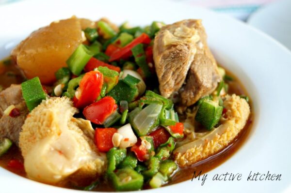 image of okra soup with assorted meat in a soup bowl