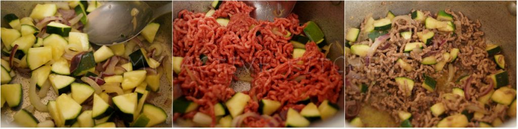 picture of diced zucchini (courgette), chopped onions and beef mince stir fried