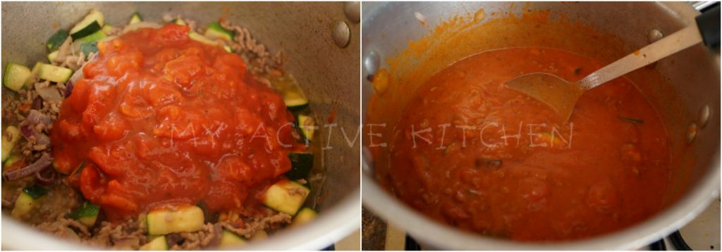 picture of chopped tomatoes poured over stir fried zucchini (courgette) and mince