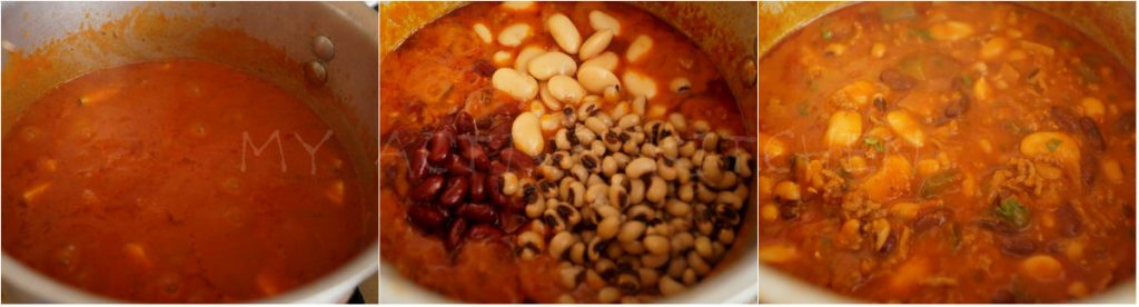 images of simmered tomato sauce and beans in simmered sauce