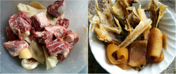 images of raw goat meat in a bowl and stock fish and sliced ponmo in a nother white bowl