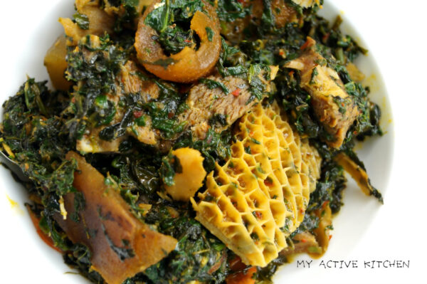 Nigerian vegetable soup with assorted meat