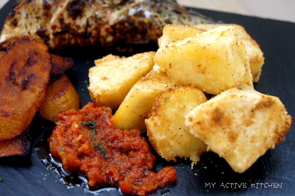 roasted yam, pepper sauce and fried plantain.