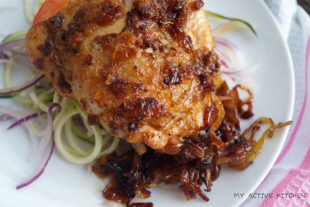 baked suya chicken and caramelised onion served over spiralised zucchini.