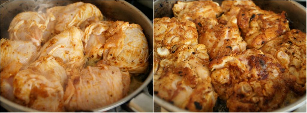 searing chicken in a skillet.