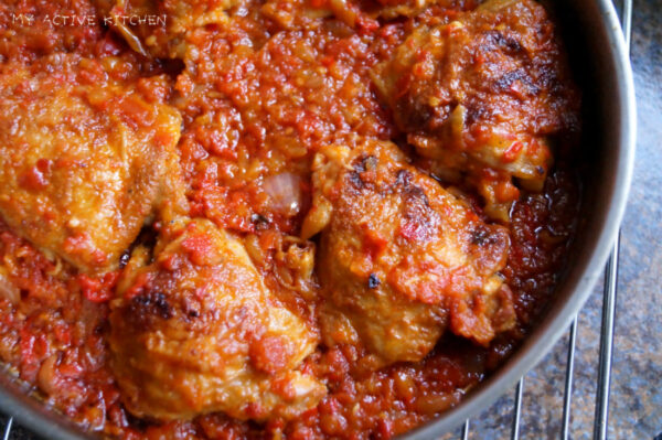 overhead shot roasted garlic chicken stew