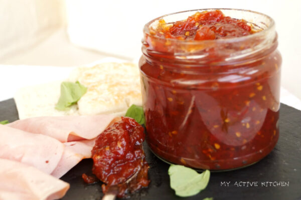 Tomato jam and ham slices.