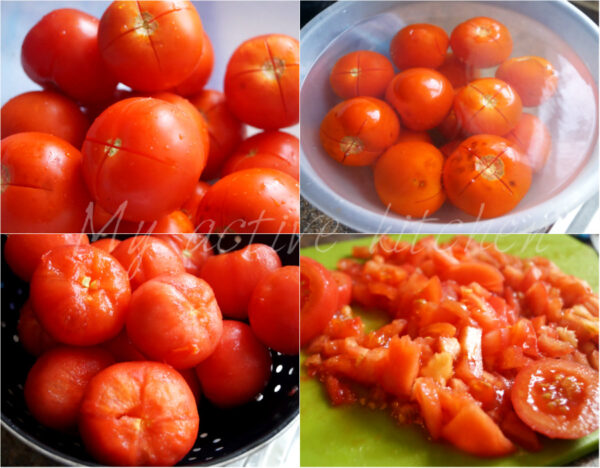 process shot of how to peel tomato in hot water.