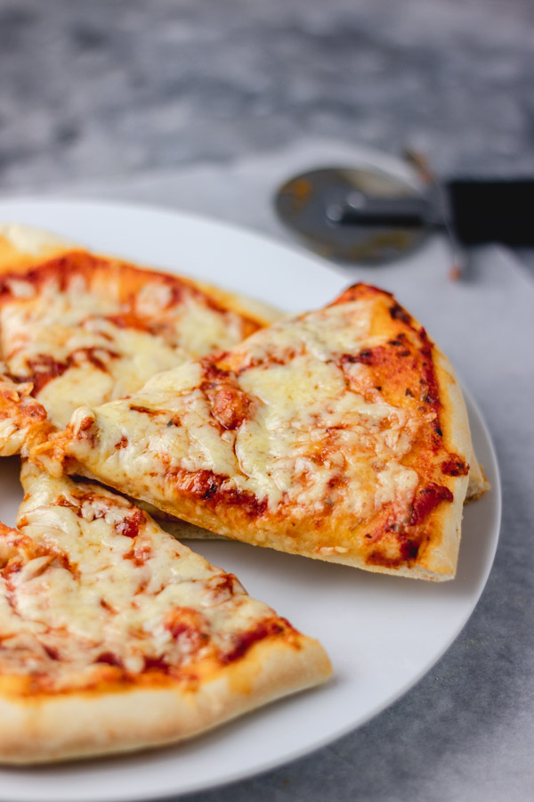 cheese and tomato pizza slices on a white plate.