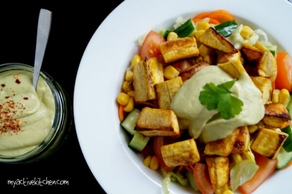 plantain salad and spicy avocado dressing