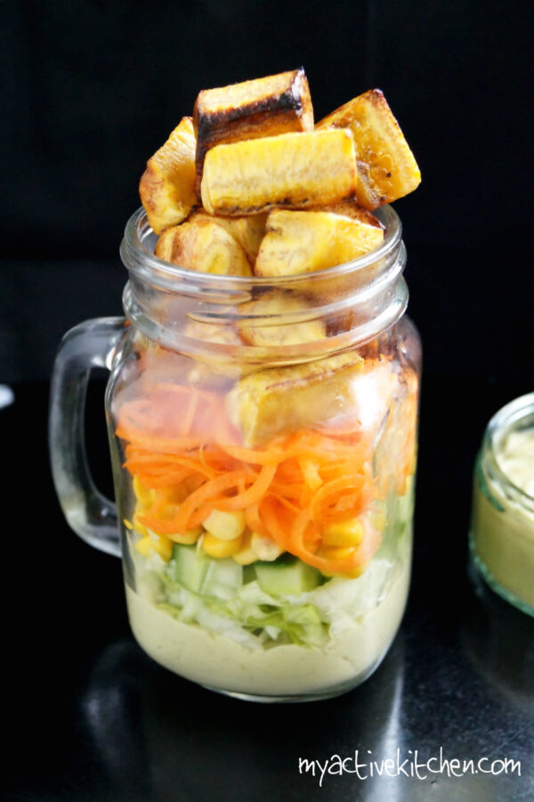 salad with avocado dressing in mason jar 