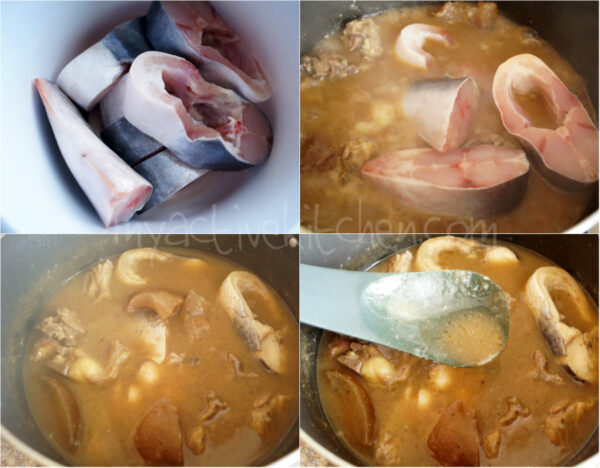 image of washed catfish and catfish being cooked in a Nigerian dish