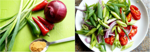 spring onions, chilli peppers, onion and suya spice.