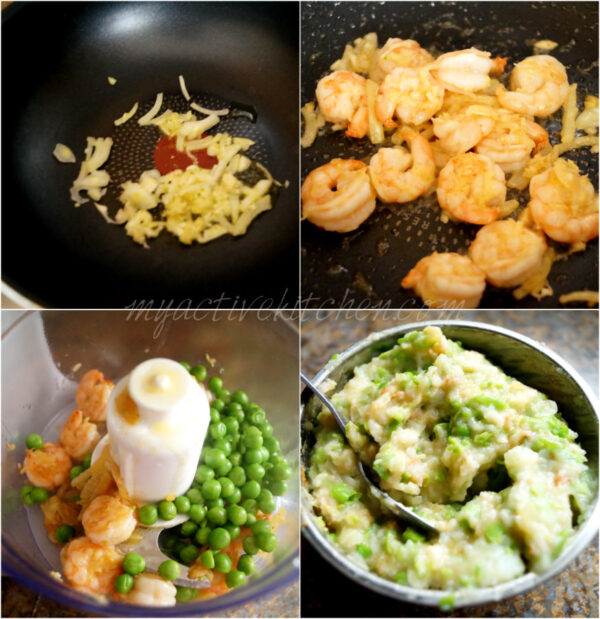 Image process shot on how to make pastry filling with prawns and peas