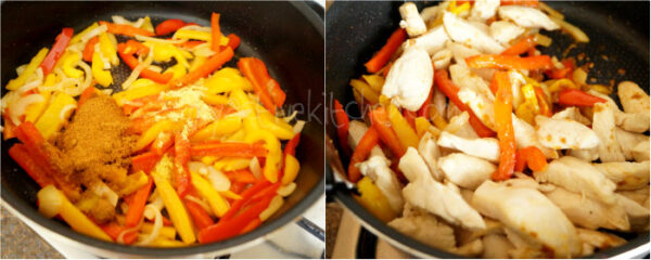 sliced bell peppers cooked in a pan