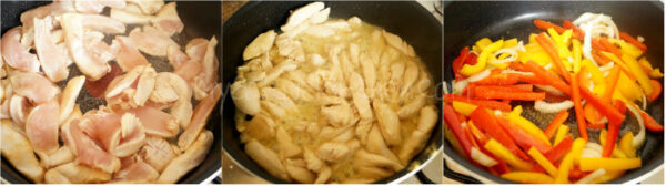 diced chicken and bell peppers cooking in a pan