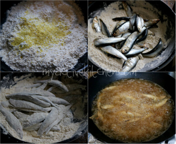 process shot of how to fry crispy spelt fish (eja yoyo/ sprat)