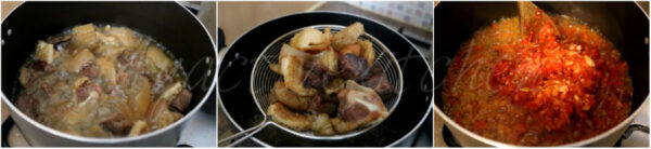 assorted meat being fried in a pot over the stove. 