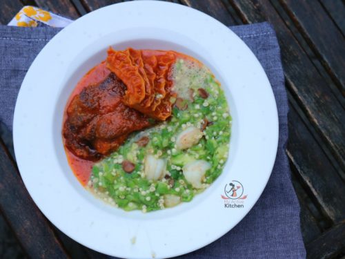 overhead shot of green vegetable soup and nigerian stew placed on a grey napkin