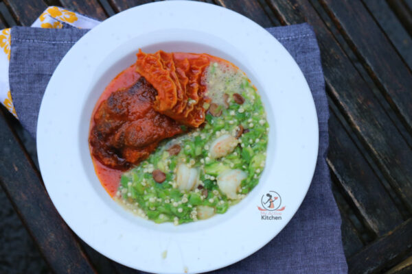 overhead shot of soup containg shaki, prawns and tongue