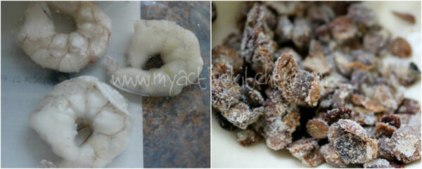 images of three raw shrimps and frozen locust beans