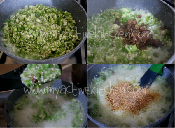 process shot of four images showing how to make plain okra