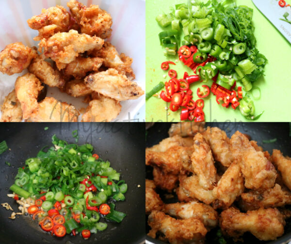 chopped chillies and fried chicken 