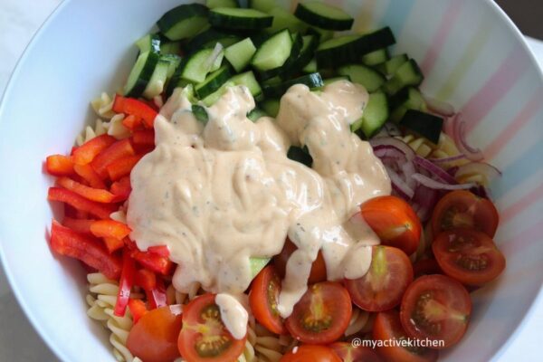 prep of vegetables with dressing