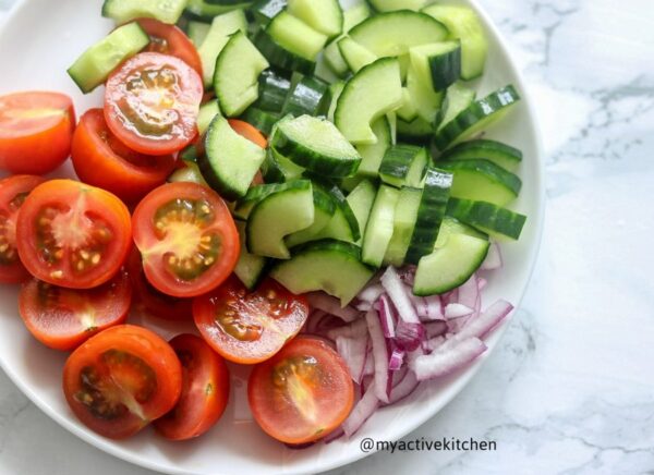 chopped tomatoes, cucumber and bell peppers