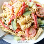 pasta salad with dressing in a bowl