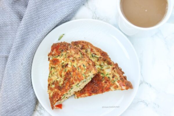 image of zucchini frittata with a cup of milky coffee