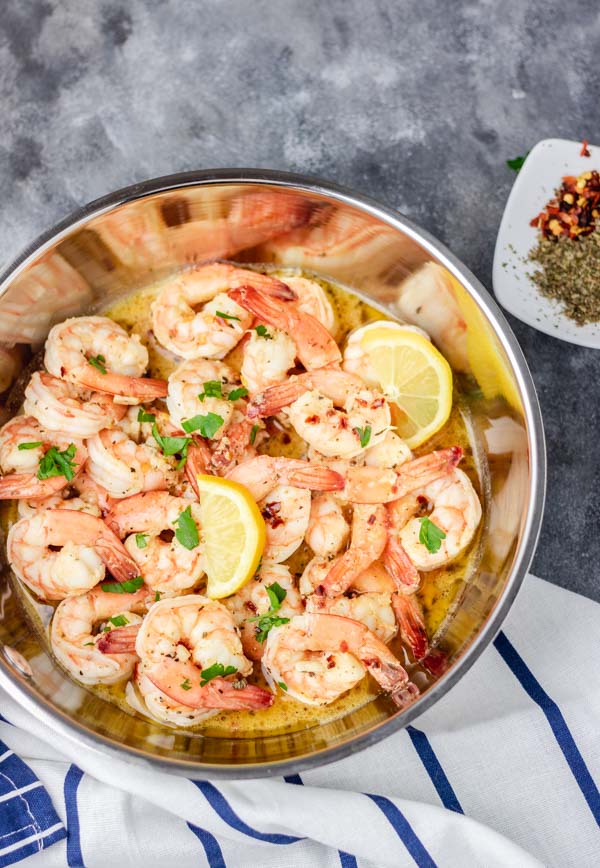 overhead shot of garlic butter shrimp in a pan