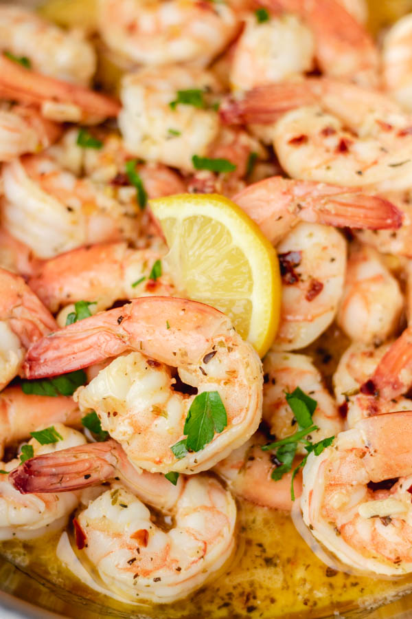 an overhead close shot of garlic butter shimp