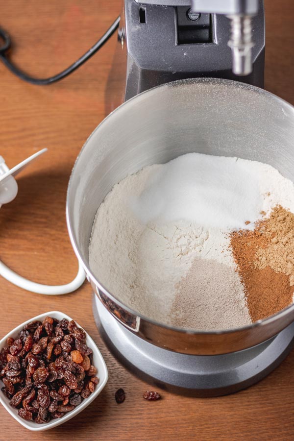 flour and spices  in a stand mixer.