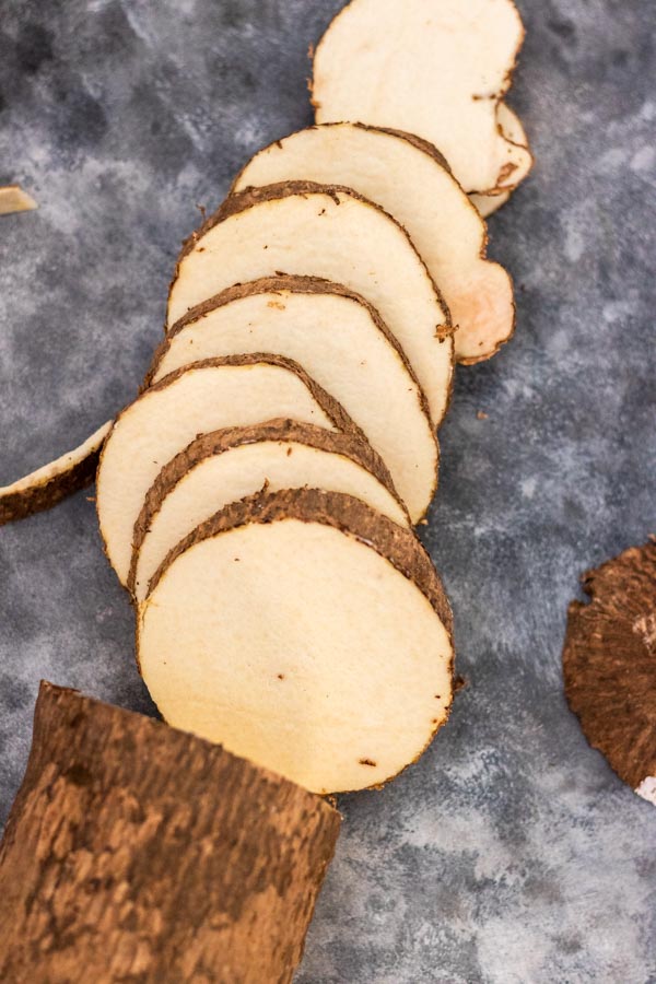 slices of unpeeled yam.