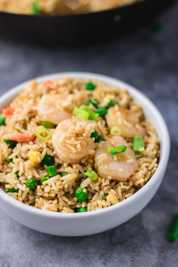 shrimp fried rice in a bowl.