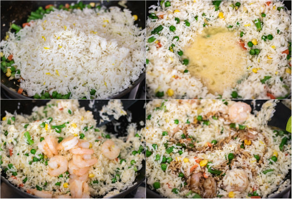 collage illustrating the process of making shrimp fried rice.