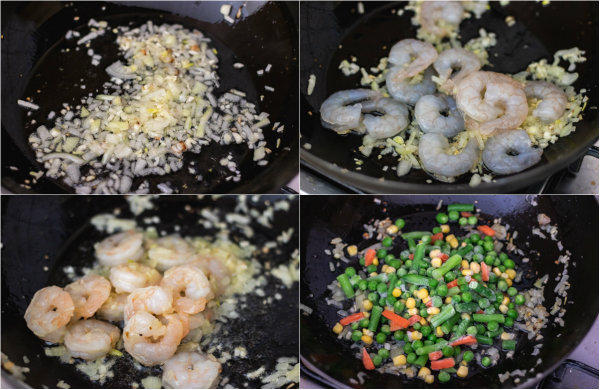 collage illustrating the process of making shrimp fried rice.