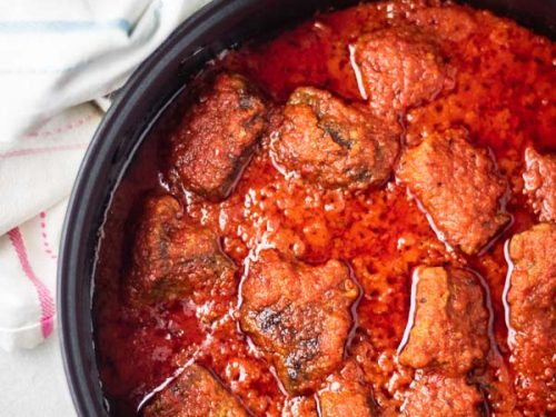 overhead shot of nigerian beef stew (african stew) in a pan