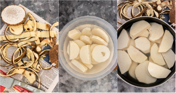 the process of peeling yam and cooking it.