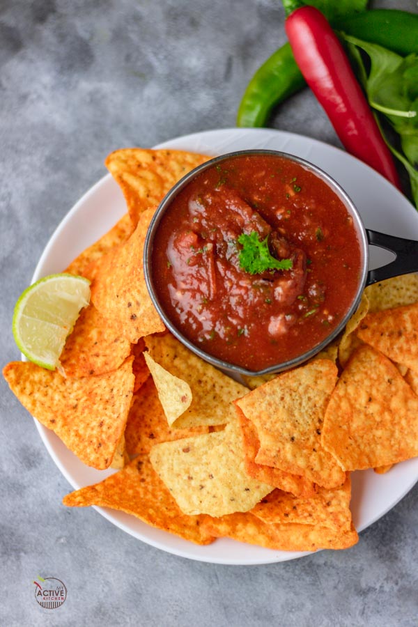overhead shot of homemade salsa and corn chips.