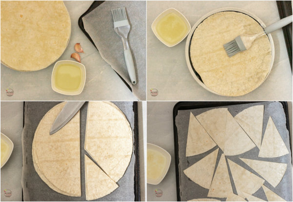 process shot of how to make homemade baked flour tortilla chips