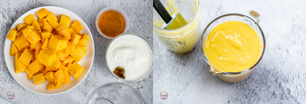 illustration of how to make mango Popsicle. image showing fresh mango cubes, honey and yogurt and the other image showing pureed mango-yogurt.