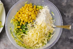 courgette and sweetcorn fritters in a bowl.