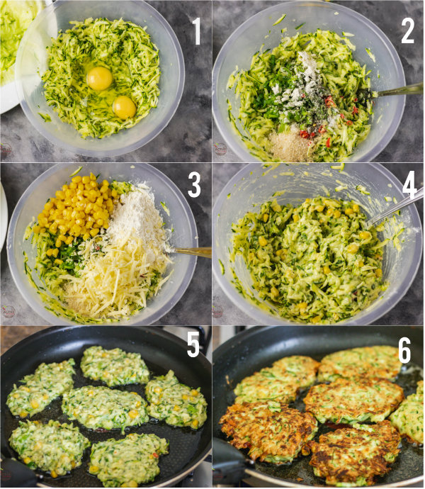 process shot of how to make courgette and sweetcorn fritters step by step.