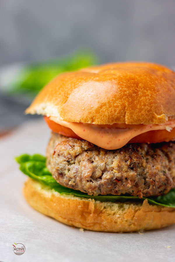 A close up shot of the best homemade turkey burger.