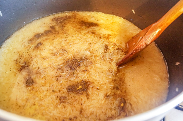 Basmati rice about to be cooked in chicken stock.