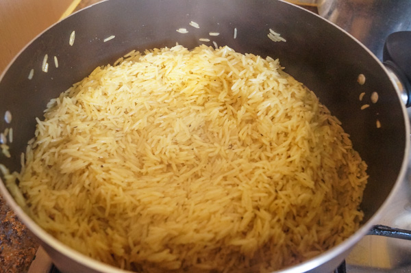 Cooked rice in a pot.