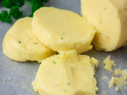 frozen slices of roasted garlic compound butter.