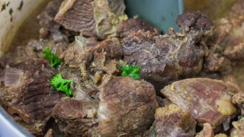 boiled meat in a pot with its stock.